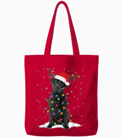 Black Lab Labrador Christmas Tree Light Pajama Dog Tote Bags - Red