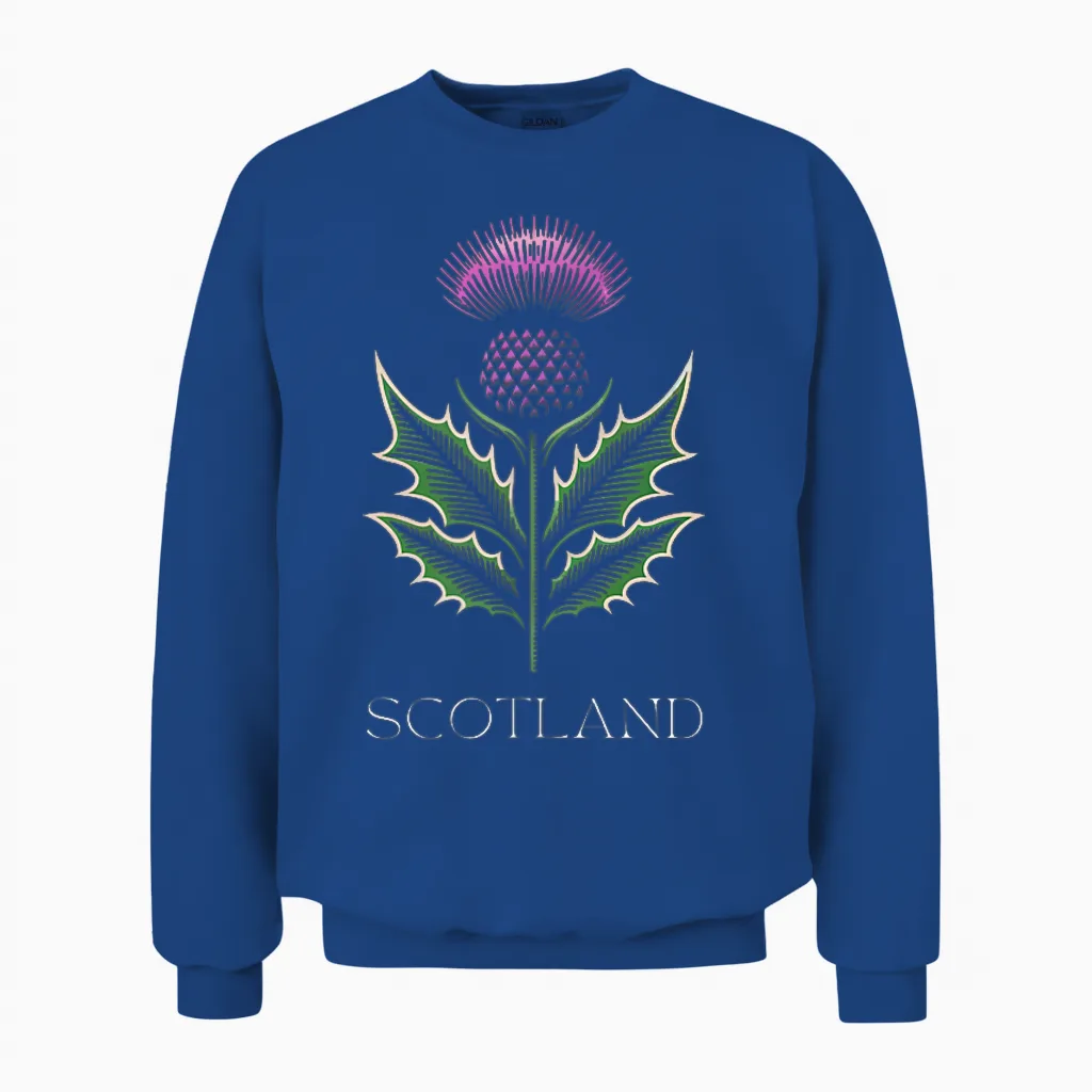 Scottish Thistle Flower, Celtic Symbol, Plaid Pattern Unisex Sweatshirt in Royal