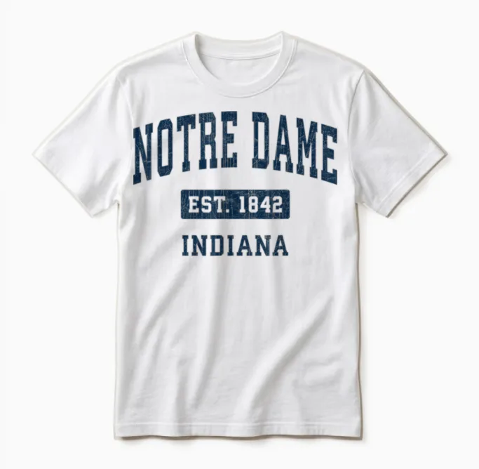 Notre Dame Indiana in Vintage Navy 90s Style Sports Design Unisex T-Shirt in White