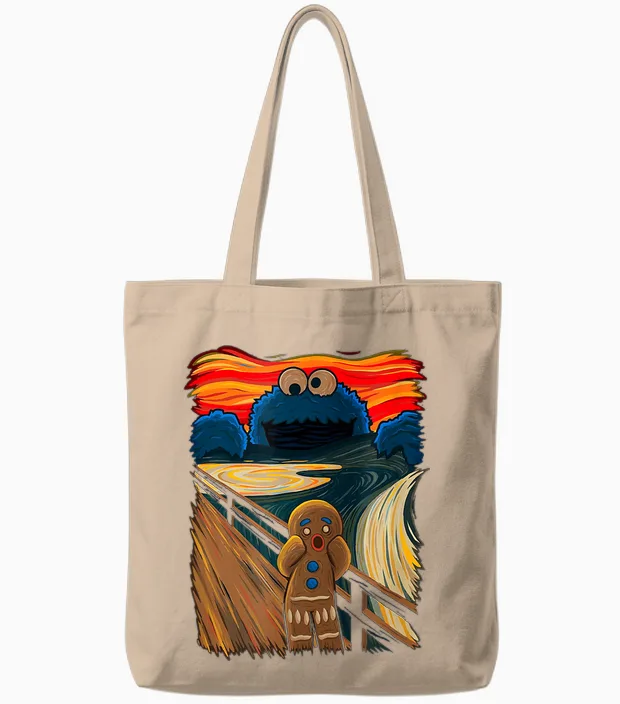 Cookie Muncher the Scream Munch Monster Joke T-Shirt, Black Tote Bags in Natural