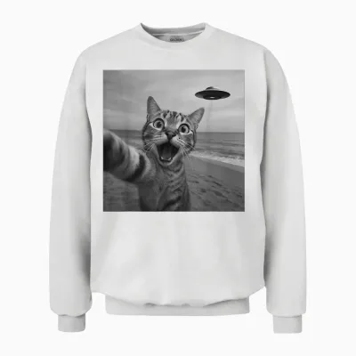 Drôle Surpris Chat Effrayant Selfie Extraterrestre Ovni Extraterrestre Unisex Sweatshirt - White