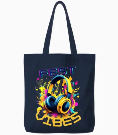 Festival Vibes! Yellow Headphones - Music Lover Tote Bags - Navy