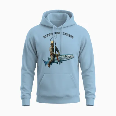 Vintage Helmet Diver Riding a Barracuda Fish Urm Unisex Hoodie - Light Blue
