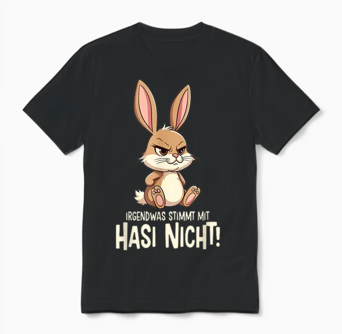 T-Shirt with "irgendwas Stimmt Mit Hasi Nicht Kaninchen Hase Böses Hasi", Black Unisex T-Shirt in Black
