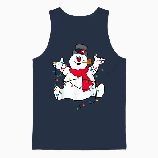 Frosty the Snowman Christmas Lights Portrait Short Sleeve Unisex Tank Top - Navy