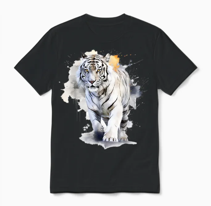 White Tiger Lover Artwork | Animal Motif Tiger T-Shirt, White Unisex T-Shirt in Black