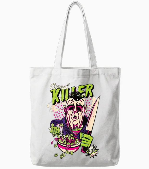 Müsli Killer Retro Horror Serienmörder Dark Humor Comic Tote Bags in White
