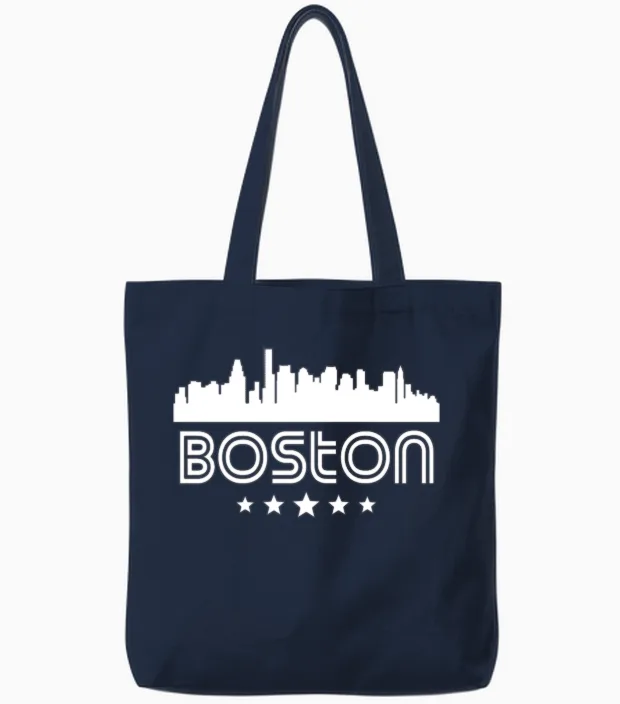 Retro Boston Skyline Tote Bags in Navy