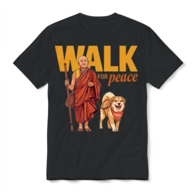 Walk for Peace: Monk and Dog Aloka Unisex T-Shirt - Black