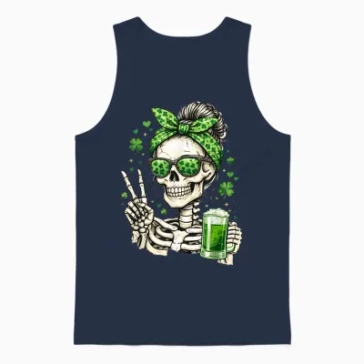 Skull Sunglass Messy Bun Irish Funny St Patrick's Day Women Unisex Tank Top - Navy