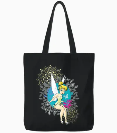 Tinkerbell Floral Pattern T-Shirt, Black, S Tote Bags - Black