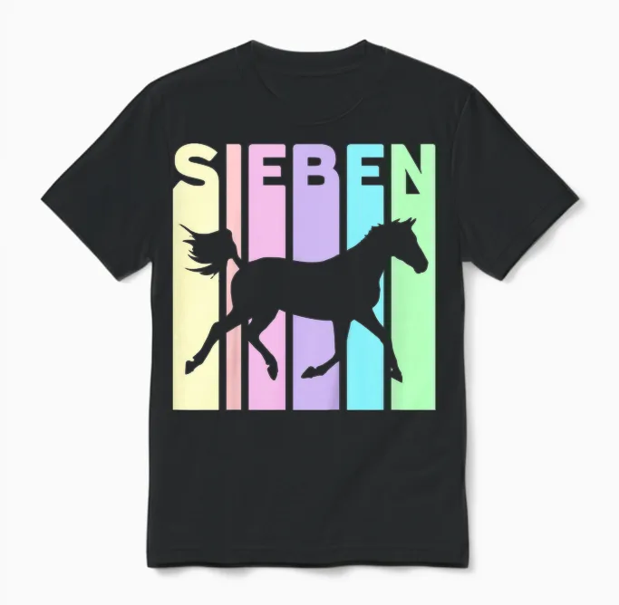 Sieben 7 Jahre Mädchen Geburtstag Pferd Reiten Unisex T-Shirt in Black