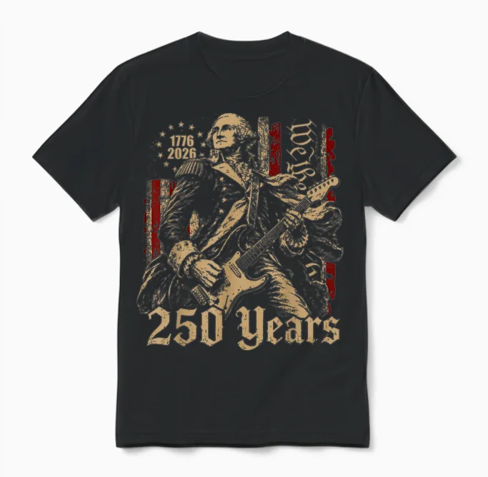 Vintage George Washington Playing Guitar 250 Years America Unisex T-Shirt in Black