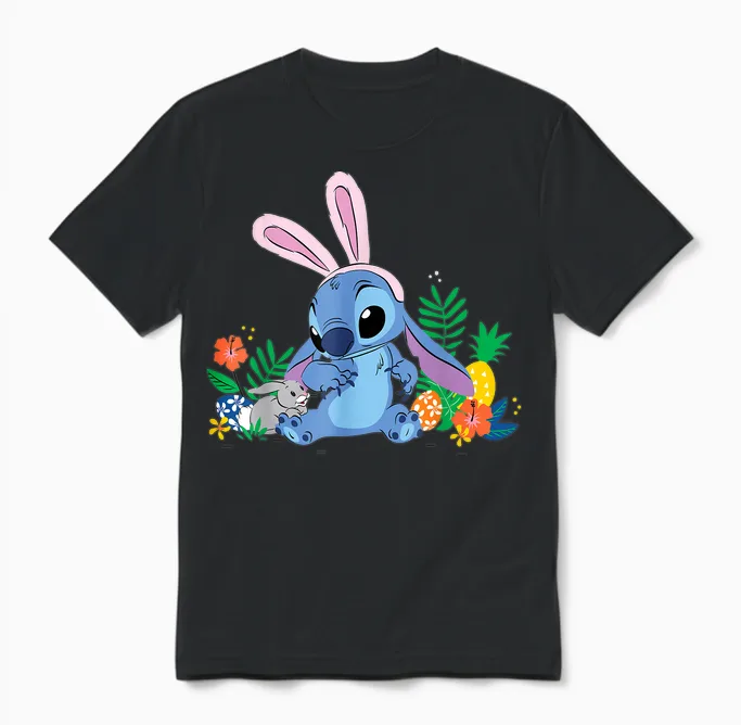 Disney Stitch Easter Bunny Ears & Eggs Tropical Spring Pals Unisex T-Shirt in Black