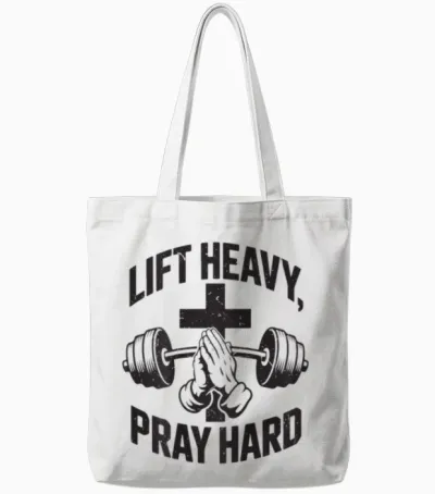 Lift Heavy Pray Hard Men's Christian Workout Gym Tote Bags - White