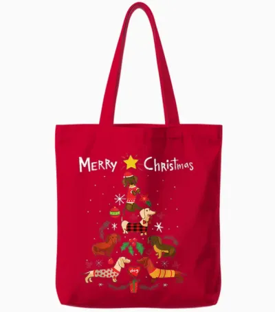 Funny Dachshund Christmas Tree Shirt Ornament Decor Gift Tote Bags - Red