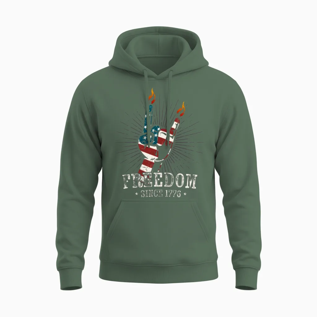 Cool Usa 4th July Freedom Devil Horns Metal Fork Unisex Hoodie in Military Green