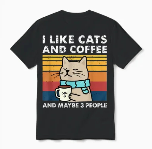 Funny Cats, I Like Cats and Coffee and Maybe 3 People Unisex T-Shirt in Black