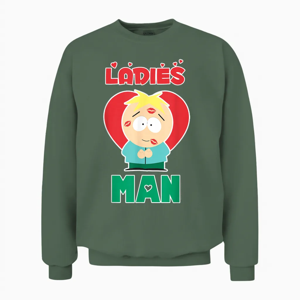 South Park Valentine's Day Butters Ladies Man T-Shirt, Black Unisex Sweatshirt in Military Green