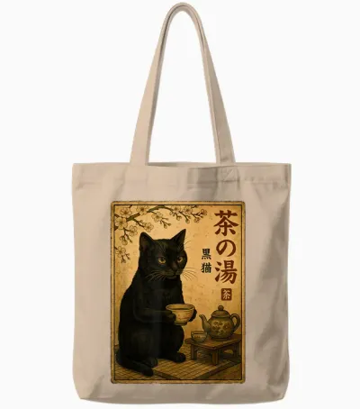 Cat Black Drinking Tea Japanese Vintage Tea Time Tote Bags - Natural