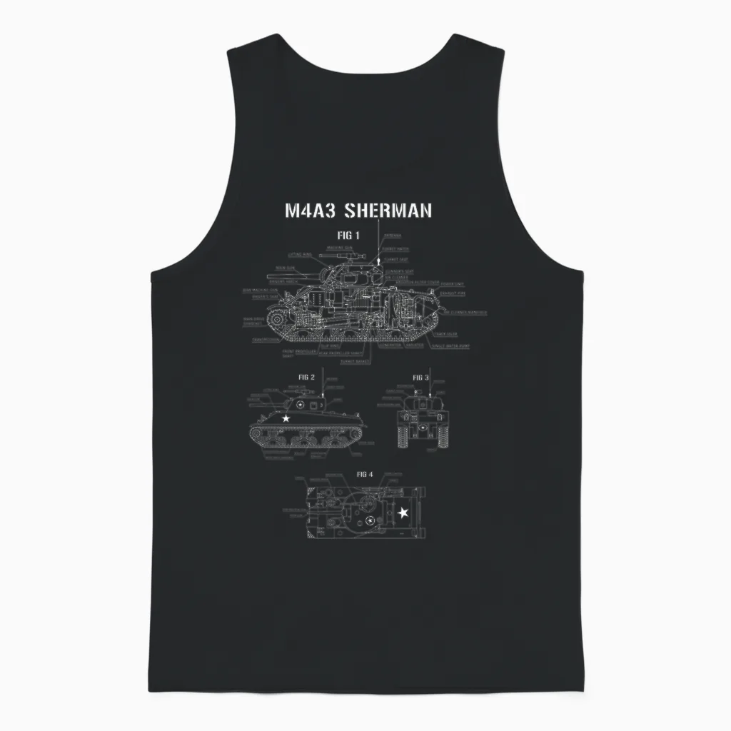 World War 2 American Tank M4a3 Sherman Blueprint Unisex Tank Top in Black