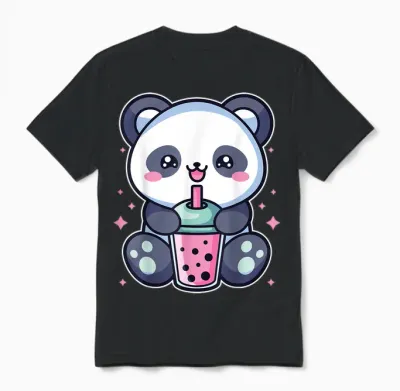 Panda Drinks Bubble Boba Tea Anime Manga Kawaii Outfit for Girls T-Shirt, White, S Unisex T-Shirt - Black