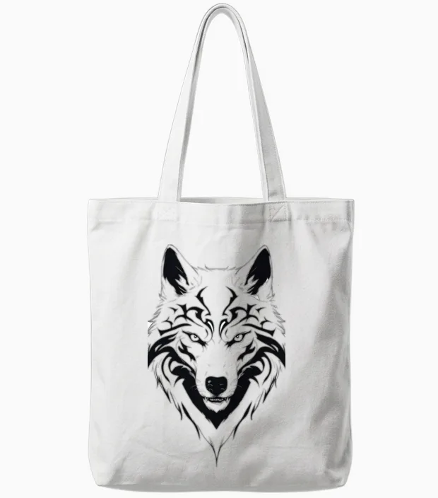 Minimalistic Black Wolf Design Tote Bags in White
