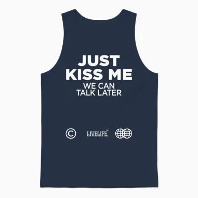 Just Kiss Me We Can Talk Later Love Valentine's Day Backprint T-Shirt, Black Unisex Tank Top - Navy