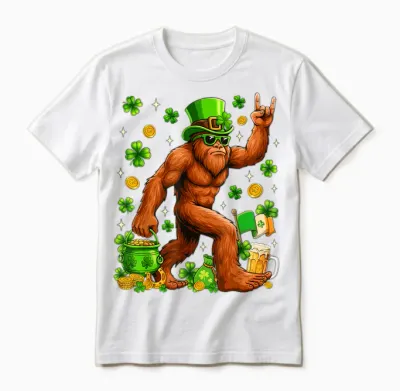 St Patricks Day Bigfoot Sasquatch Shamrock Men Women Unisex T-Shirt - White