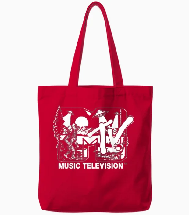 Mademark X Mtv - Cryptid-Filled Mtv Logo Feat. Bigfoot, Ufo, & Nessie Sketch Tote Bags in Red