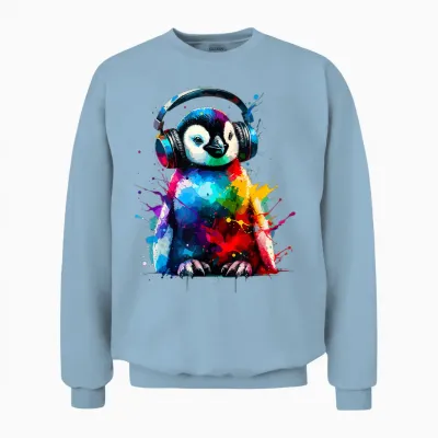 Colorful Splash Art Penguin Headphones Penguins T-Shirt, Black Unisex Sweatshirt - Light Blue