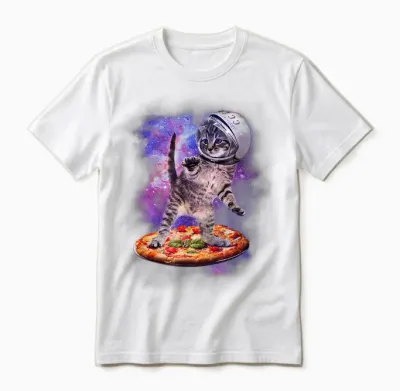 Funny Cat Flying a Pizza Astronaut Kitten Space Unisex T-Shirt - White