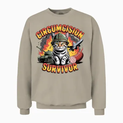 Survivor of Circumcision Funny Strange Cat Meme Unisex Sweatshirt - Sand