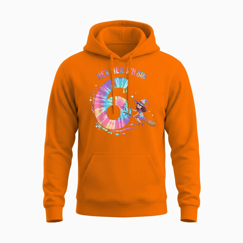 Hex I Am 6 Witches Birthday Gifts for Girls T-Shirt, Black Unisex Hoodie in Safety Orange