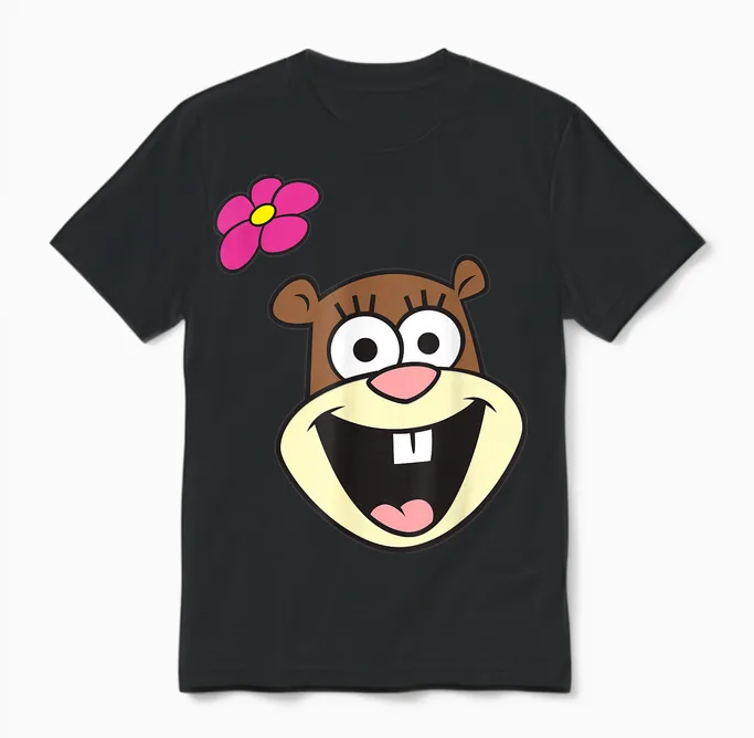Spongebob Squarepants Cheerful Sandy Cheeks Big Face T-Shirt, Gray Unisex T-Shirt in Black