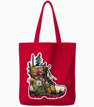 Wildflower Hiking Boot: Discover the Wild! Tote Bags - Red