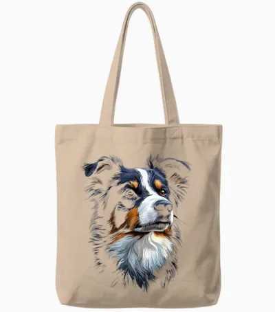 Dog Border Collie T-Shirt, Black, S Tote Bags - Natural