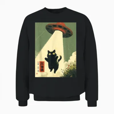 Vintage Japanese Cat Alien Cat Dad Ufo Abduction Graphic Unisex Sweatshirt - Black