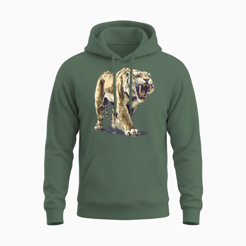 Ancient Saber-Tooth Tiger for Prehistoric Fans Unisex Hoodie in Military Green