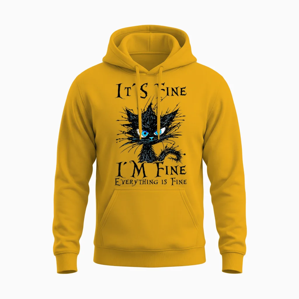 It S Fine Im Fine Everything Is Fine Funny Cat Saying T-Shirt, White Unisex Hoodie in Gold