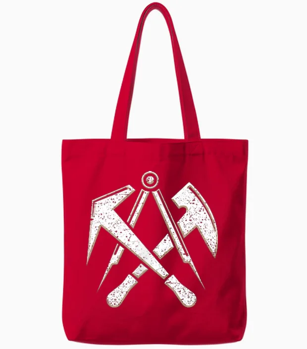 Roofer Craft Guild Sign with Tool on Chest T-Shirt, Black Tote Bags in Red