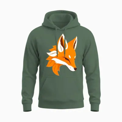 A Stylized Illustration of a Fox's Head Unisex Hoodie - Military Green