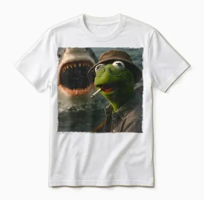 Funny Smoking Frog Meme Vintage Shark Attack Parody Unisex T-Shirt - White