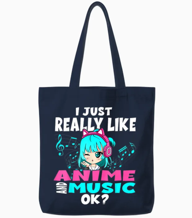 Anime and Music Kawaii Chibi Graphic Teen Anime Girl Tote Bags in Navy