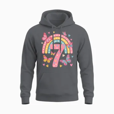 7. Geburtstag Regenbogen Schmetterlinge Herzen Geburtstags Unisex Hoodie - Charcoal