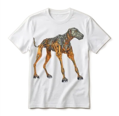 Doberman Cyborg Dog in Orange Unisex T-Shirt - White