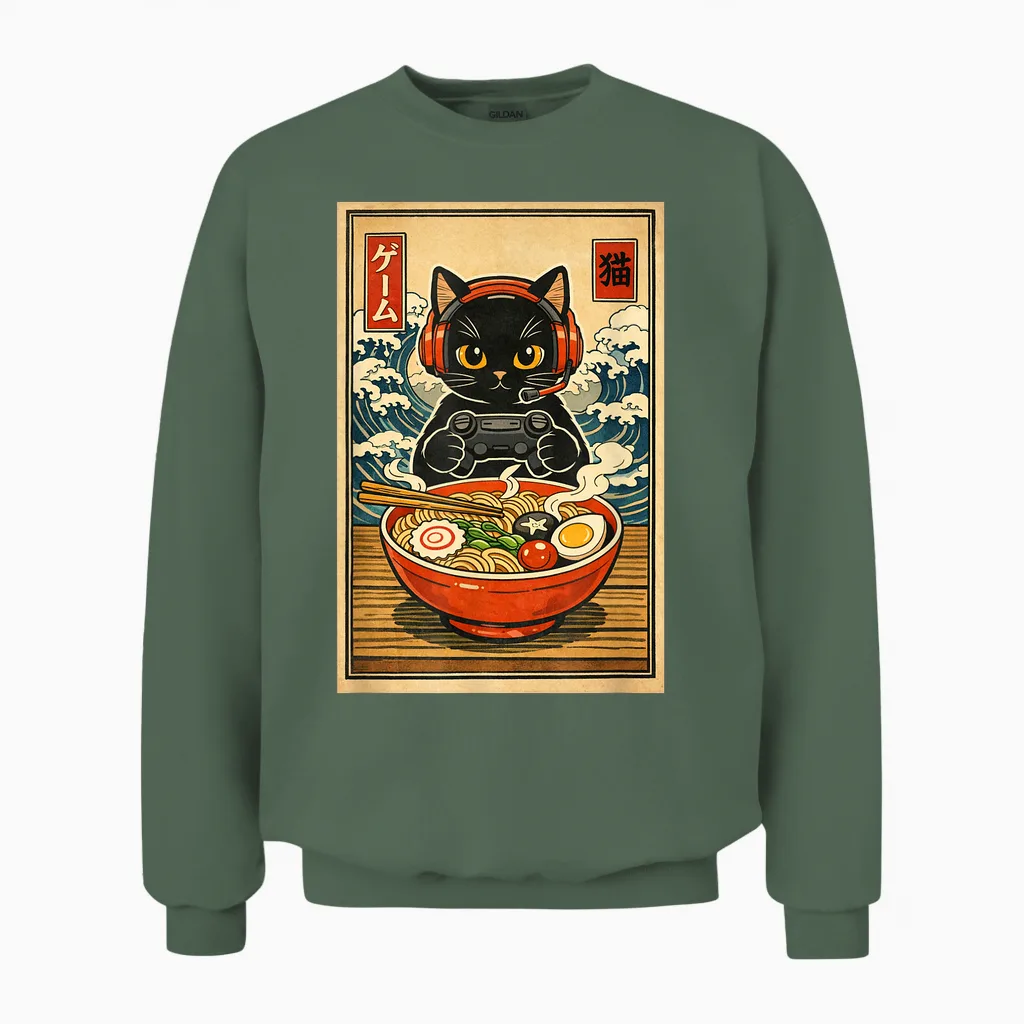 Kawaii Gamer Cat Funny Ramen Retro Cute Japanese Cat Gaming Unisex Sweatshirt in Military Green