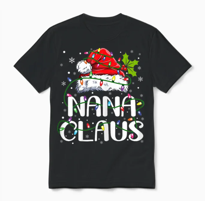 Nana Claus Christmas Lights Pajama Family Matching Unisex T-Shirt in Black