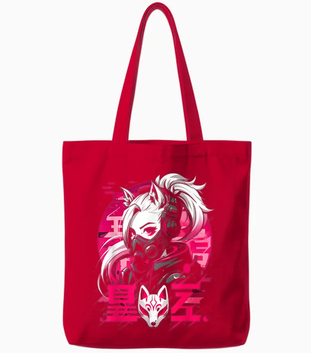 Anime Manga Cyberpunk Aesthetic Techwear Harajuku Kitsune T-Shirt, Black Tote Bags in Red