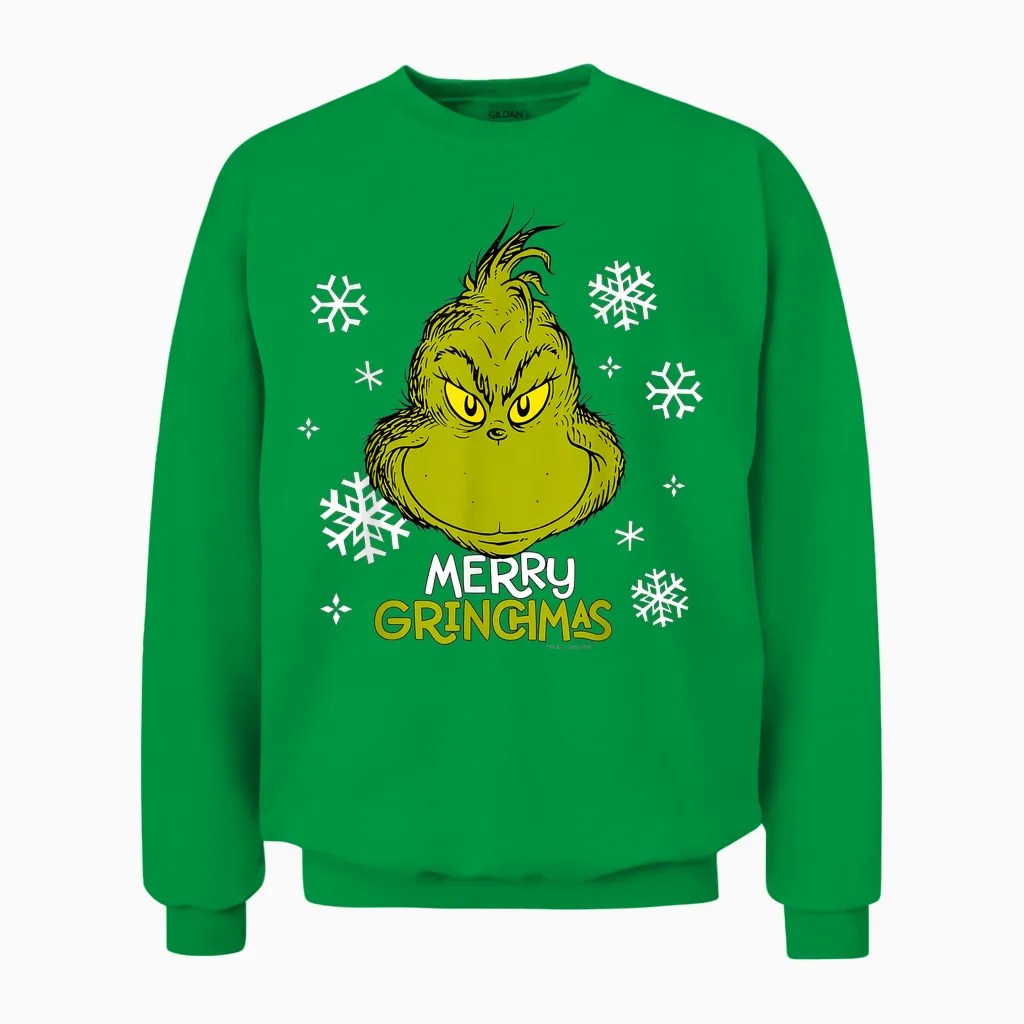 Grinch Merry Grinchmas Snowflakes Unisex Sweatshirt in Irish Green